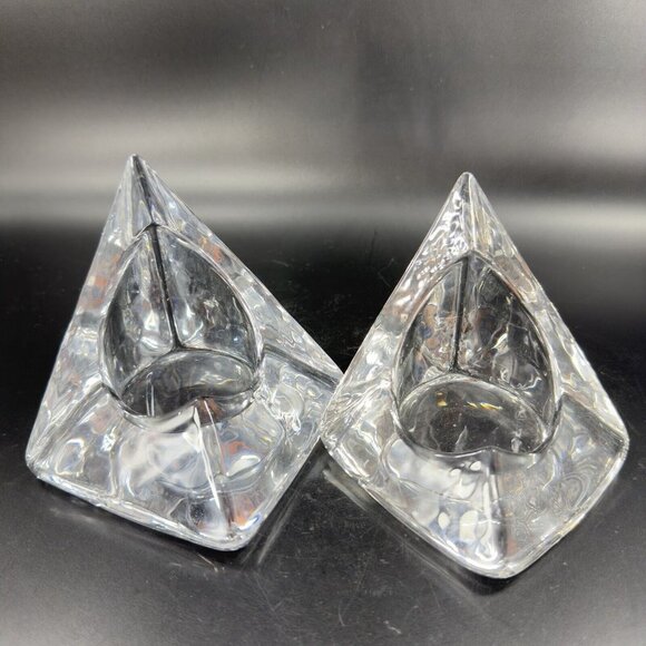 Nybro Art Glass Pyramid Pillar Candle Holder Clear Set 2 Tord Kjellstrom Sweden - Picture 8 of 14